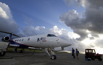 The NSF/NCAR Gulfstream V readies for takeoff on a mission to study a tropical storm.